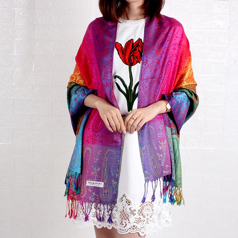 2024 Luxurious Double Layered Jacquard Big Paisley Pashmina Shawl Wrap Scarf
