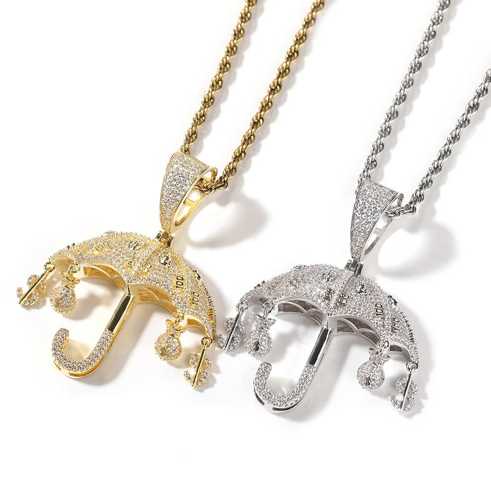 Hiphop Creative Iced Cubic Zircon Diamond Money Bag Dollar Sign Umbrella Pendant Necklace for Wedding Party Anniversary Jewelry