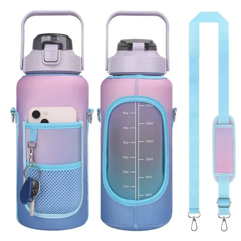 Hot Sale Half Gallon Motivational Water Bottle Portable Camping Travel Plastic Drinkware 2L Sport Straw Water Bottle with Strap