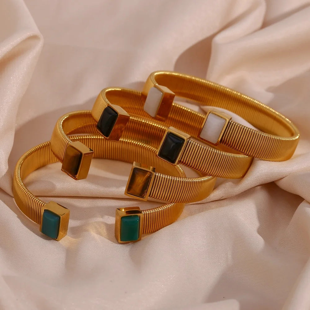 Vintage Open Design Natural Stone Fine Jewelry Bracelets Bangles Stainless Steel Gold Plated Bangles