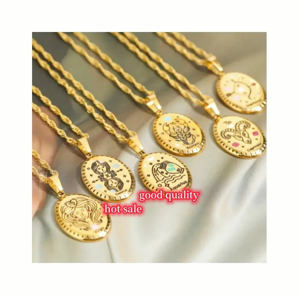 Women's Trendy Stainless Steel Oval Pendant Necklace Twelve Constellations 18K Gold Finish No Fade Gold Necklaces Fine Jewelry