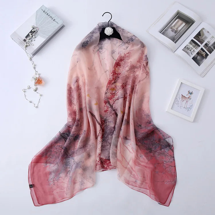 New Fashion Silk Scarf Women's Maple Leaf Print Versatile Decorative Scarf Sunscreen Shawl Hijab