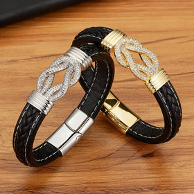Fashion Black Braided Real Leather Handmade Bangle Stainless Steel CZ Magnetic Buckle Punk Jewelry Gift for Men