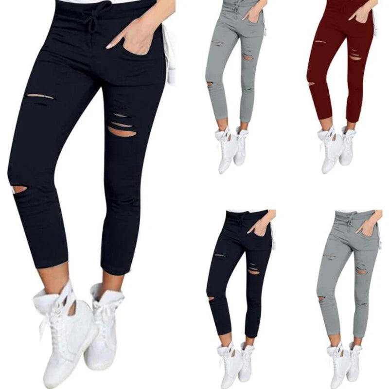 Cargo Pants Women Fashion Slim High Waisted Stretchy Skinny Broken Hole Pencil Pants Solid Color Streetwear Trousers Women