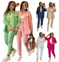 HK5005 Trendy Fall Outfits for Women Double Layer Crepe Lapel Loose Long Sleeve Shirt and Pants 2 Piece Set Women Two Piece Set