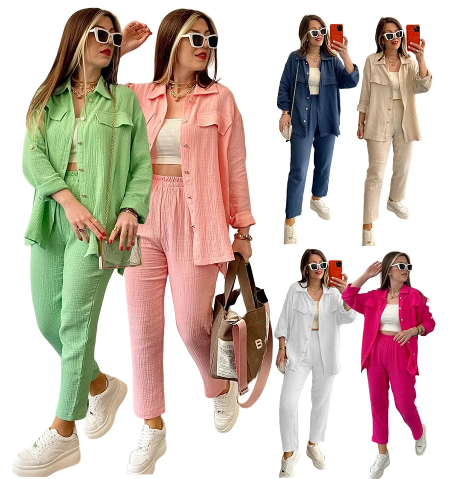 HK5005 Trendy Fall Outfits for Women Double Layer Crepe Lapel Loose Long Sleeve Shirt and Pants 2 Piece Set Women Two Piece Set