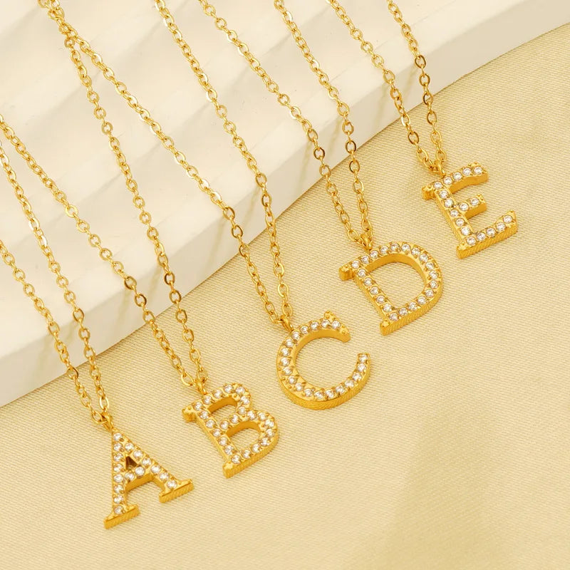 New Arrival Dainty Rhinestone Crystal Paved Alphabet Charm 18K Gold Plated Stainless Steel Initial Letter Pendant Necklace