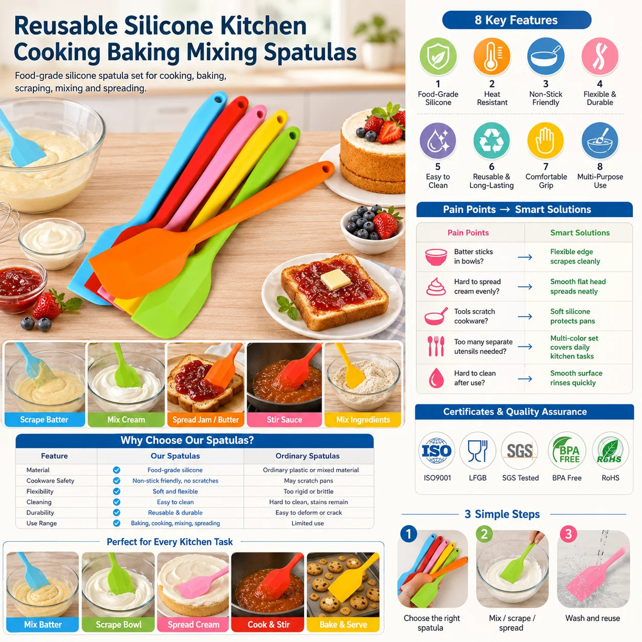Customized Logo Reusable Silicone Kitchen Cooking Baking Mixing Spatula Heat Resistant Non Stick Tool