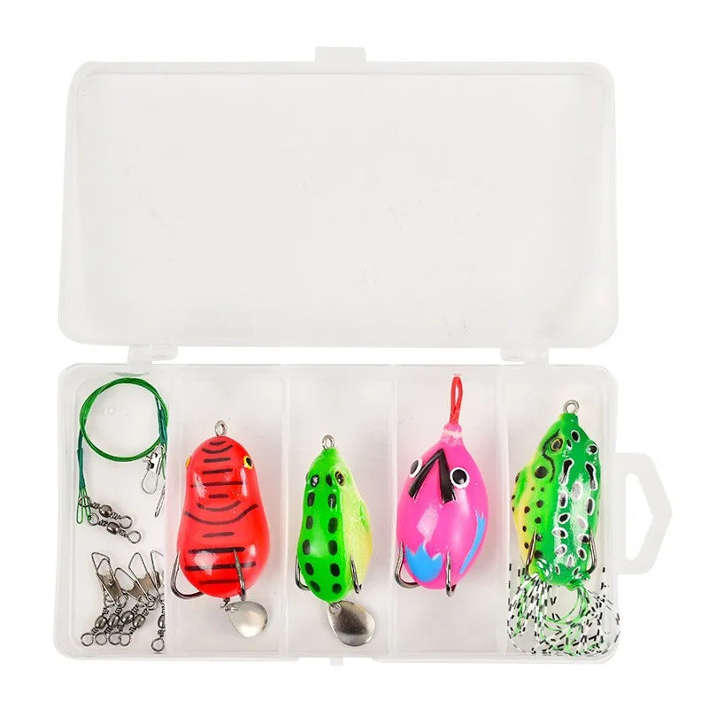 17.5*9.5*3cm 118g New 4pcs Per Box Soft Plastic Frog Lure with Spinner Bait Kit Jump Fishing Frog Lure Set