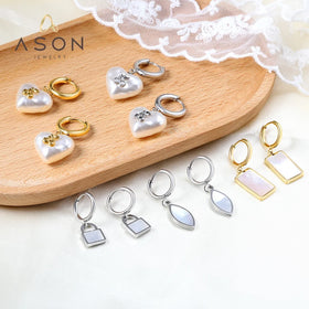 Ason Fashion Trendy Hoop Pearl Earrings Bridal Heart and Cherry 18K Gold Plated Stainless Steel Fine Jewelry Earrings for Women