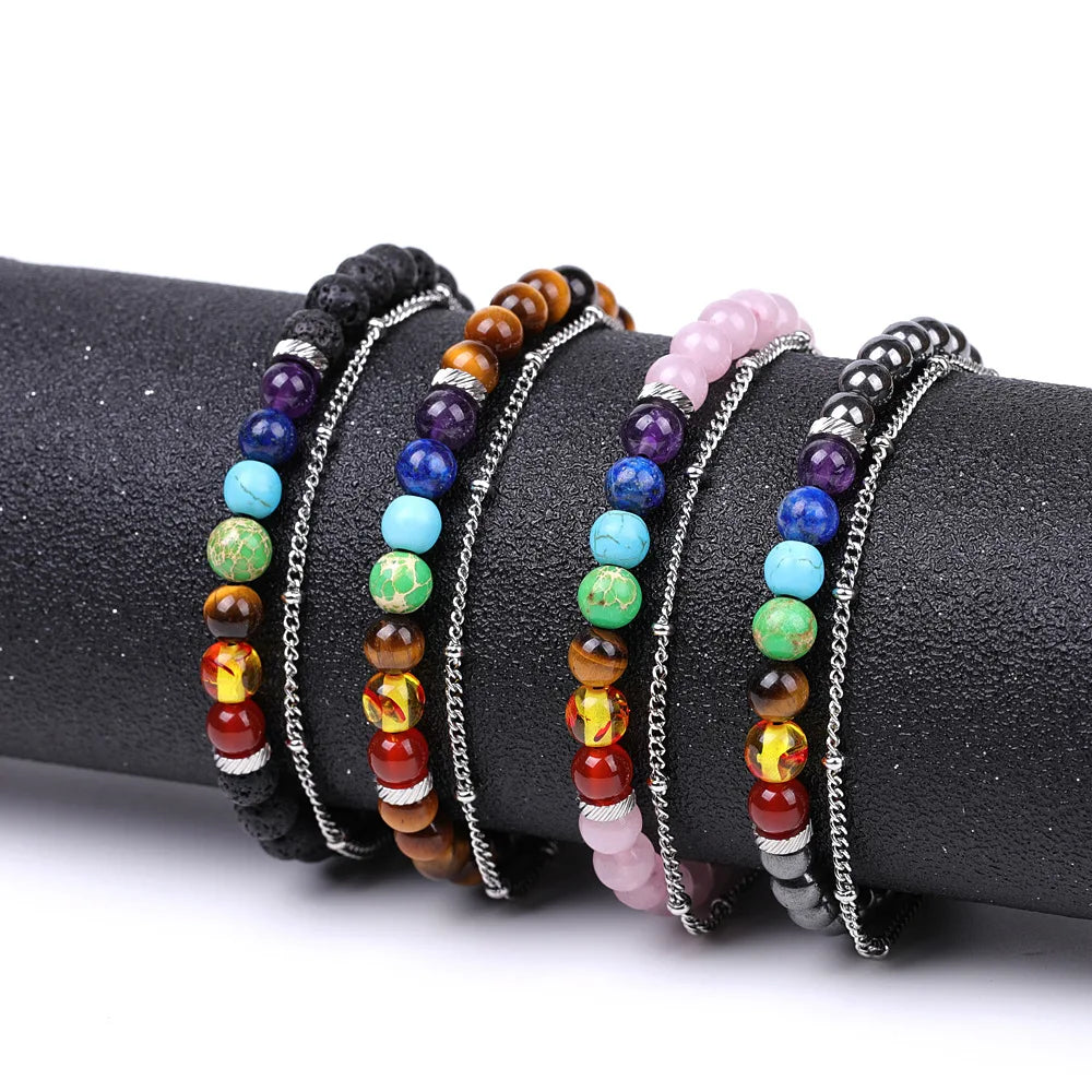 Adjustable Natural Stone Lava Rock Beaded Yoga Aromatherapy Essential Oil Diffuser Fashion String Bracelets with Chain