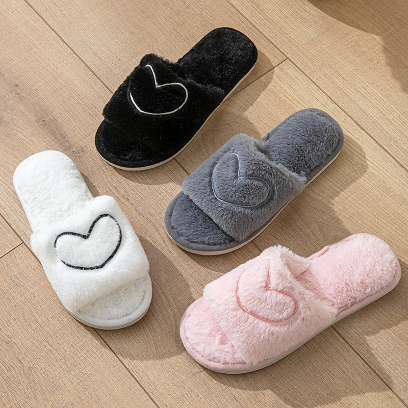 Fuzzy Open-Toe TPR Couple Indoor/Outdoor Home Cotton Slippers All-Season Fuzzy Slippers