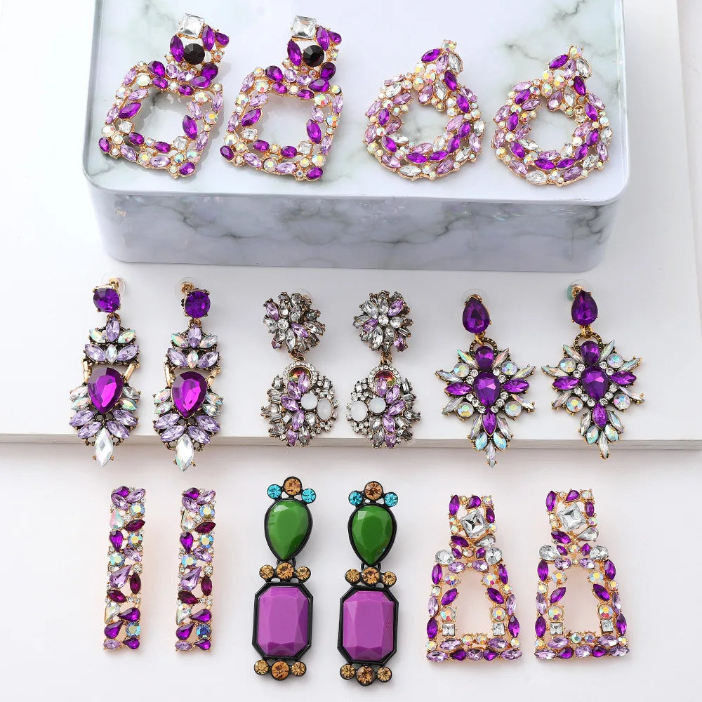 HOVANCI Crystal Earrings and Jewelry 12 Colourful Purple Crystal Rhinestone Statement Earrings