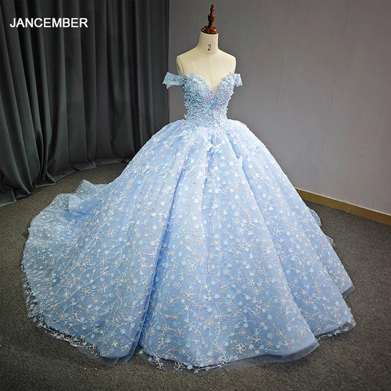 Light Blue Quinceanera Dresses 3D Floral Off Shoulder Birthday Dance Party Sweet 16 Dress Evening Dress 6578