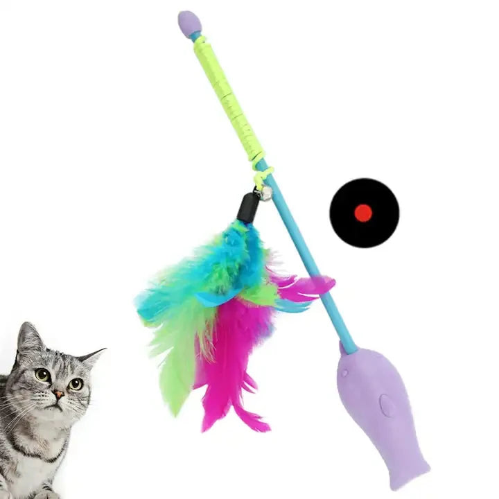 Interactive Eco-Friendly Luxury Pet Cat Toy Stick Bell Feather Cat Laser Teaser Stick Bell Feather Interactive Cat Laser Teaser