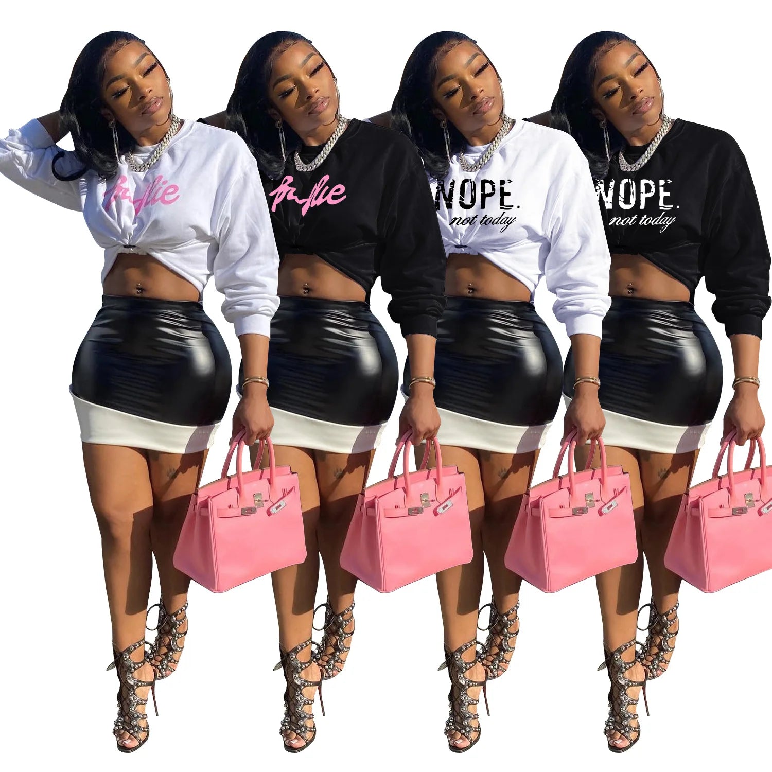 New Arrival 2026 Women Two Piece Set PU Leather High Waist Skirts and Long Sleeve Sweatshirt Top 2 Piece Set Outfits