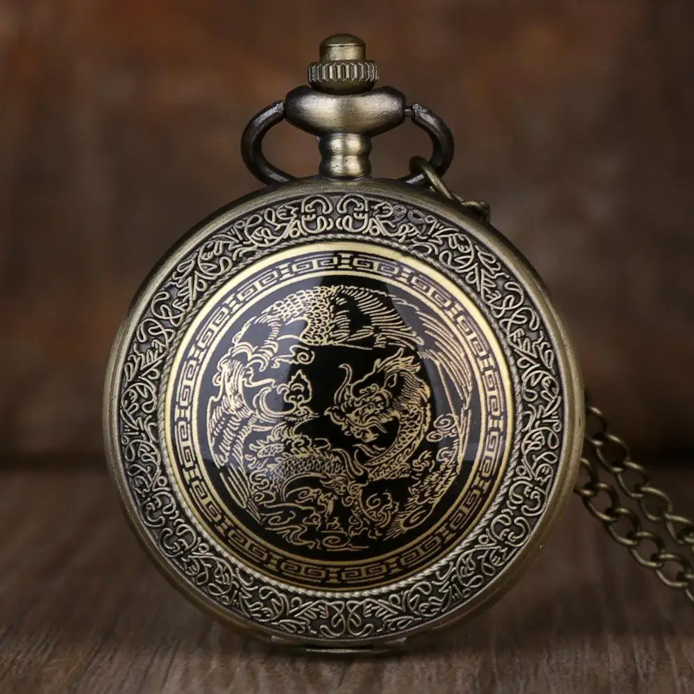 Modern Antique Bronze Dragon Pattern Design Quartz Fob Watch Pocket Watch Necklace Pendant (KWT2200)
