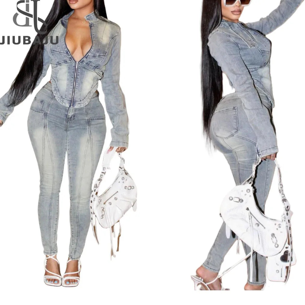 Fall 2024 Women Long Sleeve Zipper Jacket Denim Set Women Two Piece Elastic Jean Pants Set