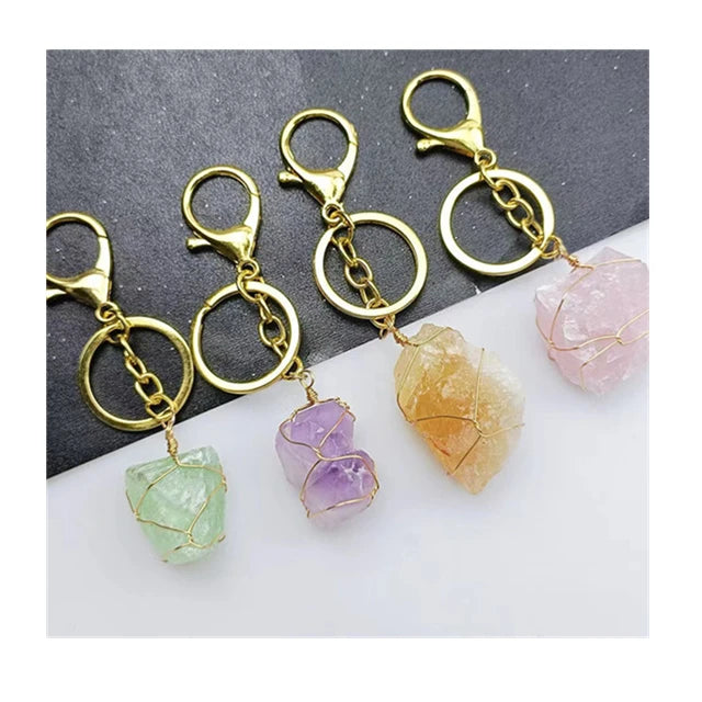 Natural Quartz Crystal Healing Pendant Raw Citrine rose Rough Keychain for Decoration