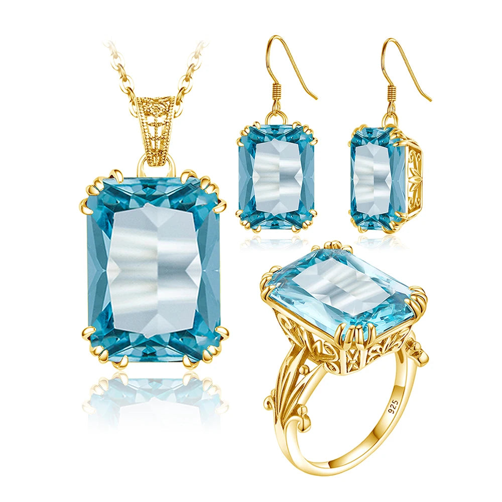 Szjinao Real 925 Sterling Silver Sky Blue Aquamarine Vintage Engagement Anniversary Pendant Earrings Ring Set
