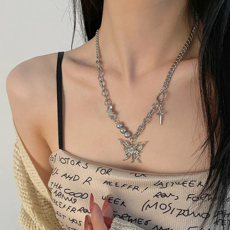 Women's Hip Hop Hollowed Butterfly Pendant Necklace Rhinestone Star Sweet Cool Clavicle Chain for Weddings Parties Engagements