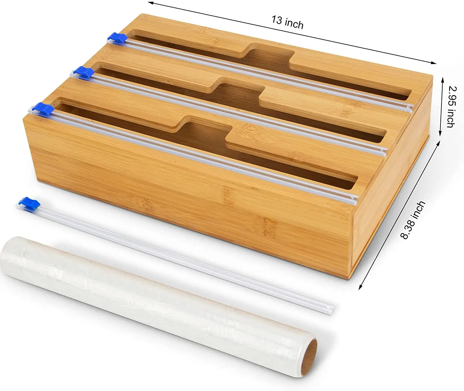 Wholesale Bamboo 3 in 1 Wrap Organizer Foil and Plastic Dispenser Zipper Organizer for Kitchen Drawer