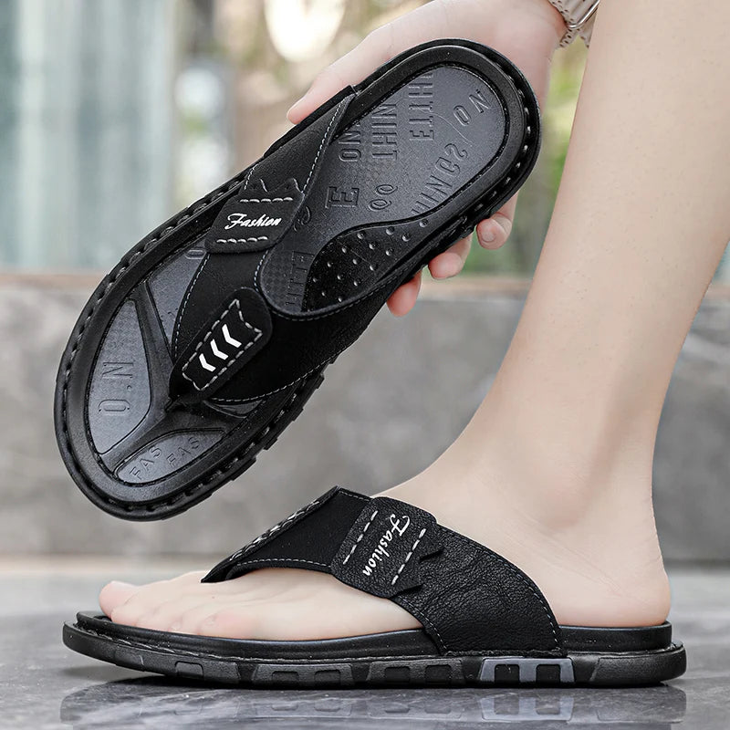 High Quality Men's Classic Design Handmade Leather Soft Outdoor Fashion Casual Beach Holiday Style Flip-flops