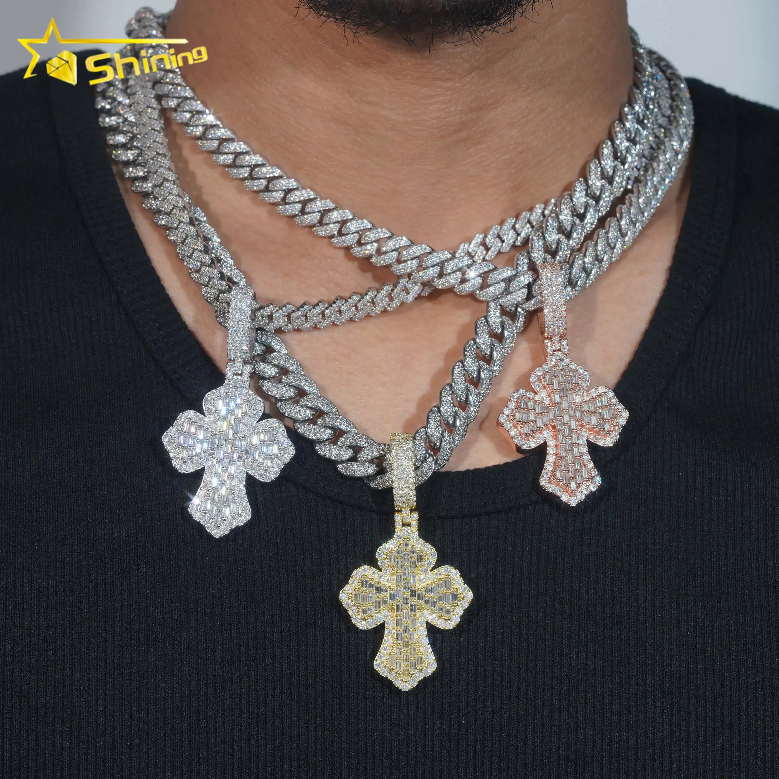 Best Selling Moissanite Hip Hop Jewelry Iced Out 925 Sterling Silver Baguette Moissanite Diamond Cross Pendant