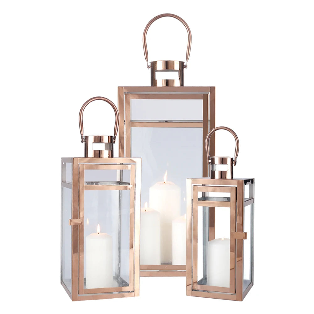 Set of 3 Rose Gold Large Size Iron Glass Candle Lanterns Wedding Centerpieces Lamp Holders Metal Wind Proof Candle Lanterns
