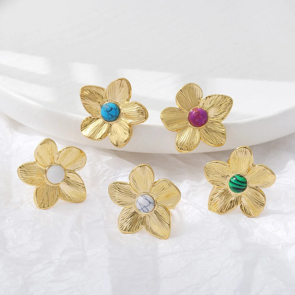 Wholesale Luxury Creative Natural Stone Flower Shape Gold Plated Stainless Steel Open Ring Trendy Party Festival Fashion Rings