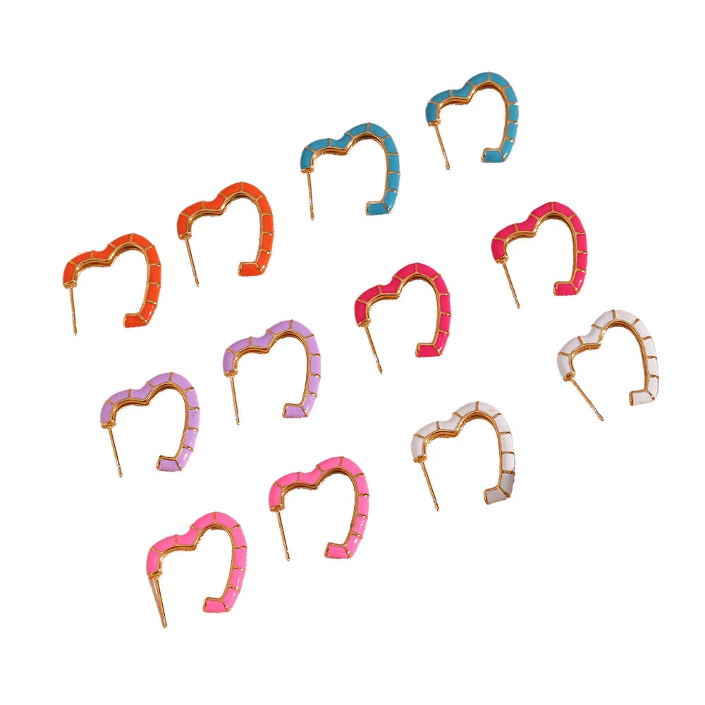 Y2K Cute Stainless Steel Heart Shape Hoop Earrings Gold Plated Enamel for Women Trendy Stylish for Wedding Party Gift