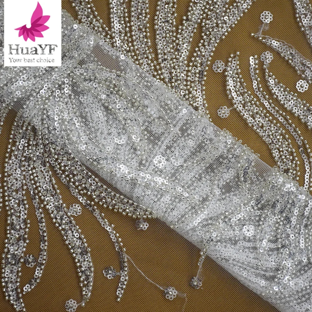Hot Sale White Beaded Sequins Lace Tulle Wedding Bridal Dress Fabric 5 Yards Wholesale HY2358
