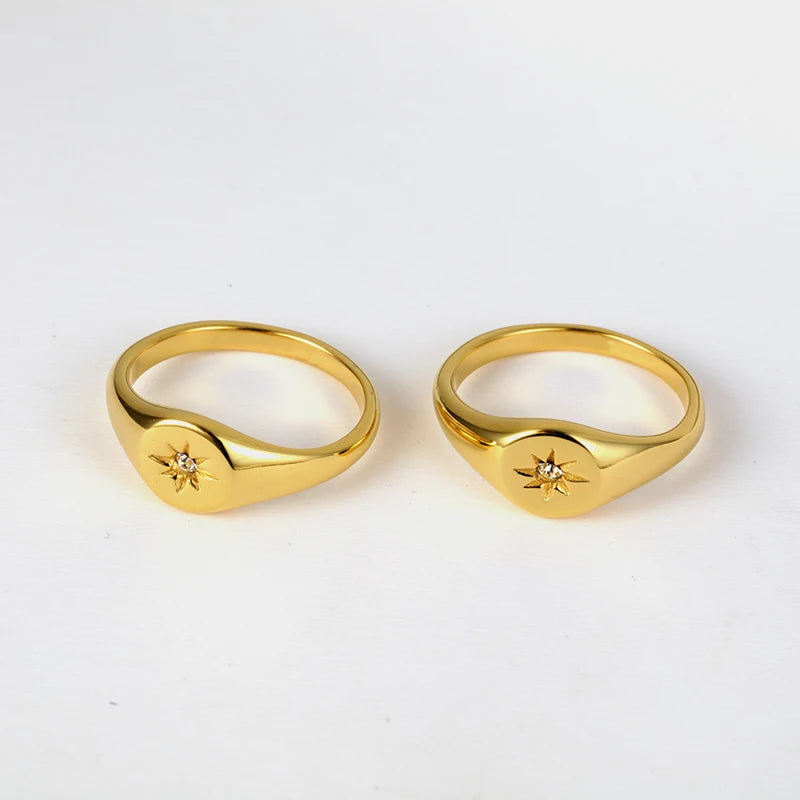 Tarnish Free Stainless Steel Cz North Star Dome Statement 18K Gold Signet Ring for Women