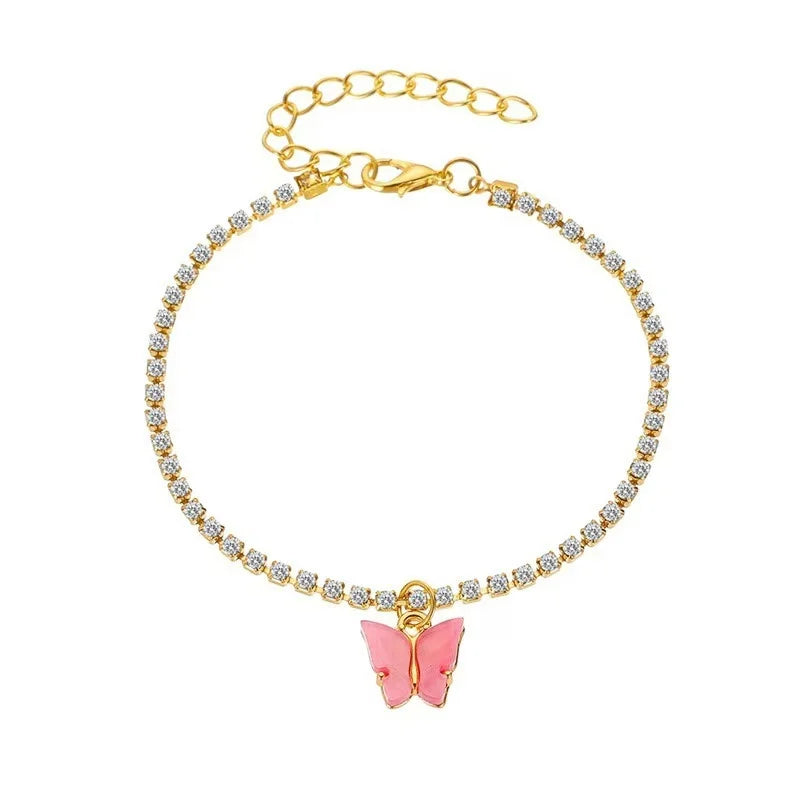Tennis Cuban Link Anklet Rhinestone Jewelry for Women Crystal Butterfly Beaded Boho Anklets