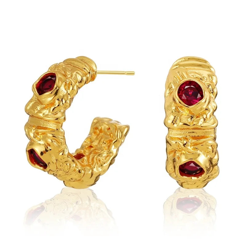 Brass Plated Vintage Metal With Red Zircon Lava Level C-Shaped Earrings for Women Gift Jewelry Custom