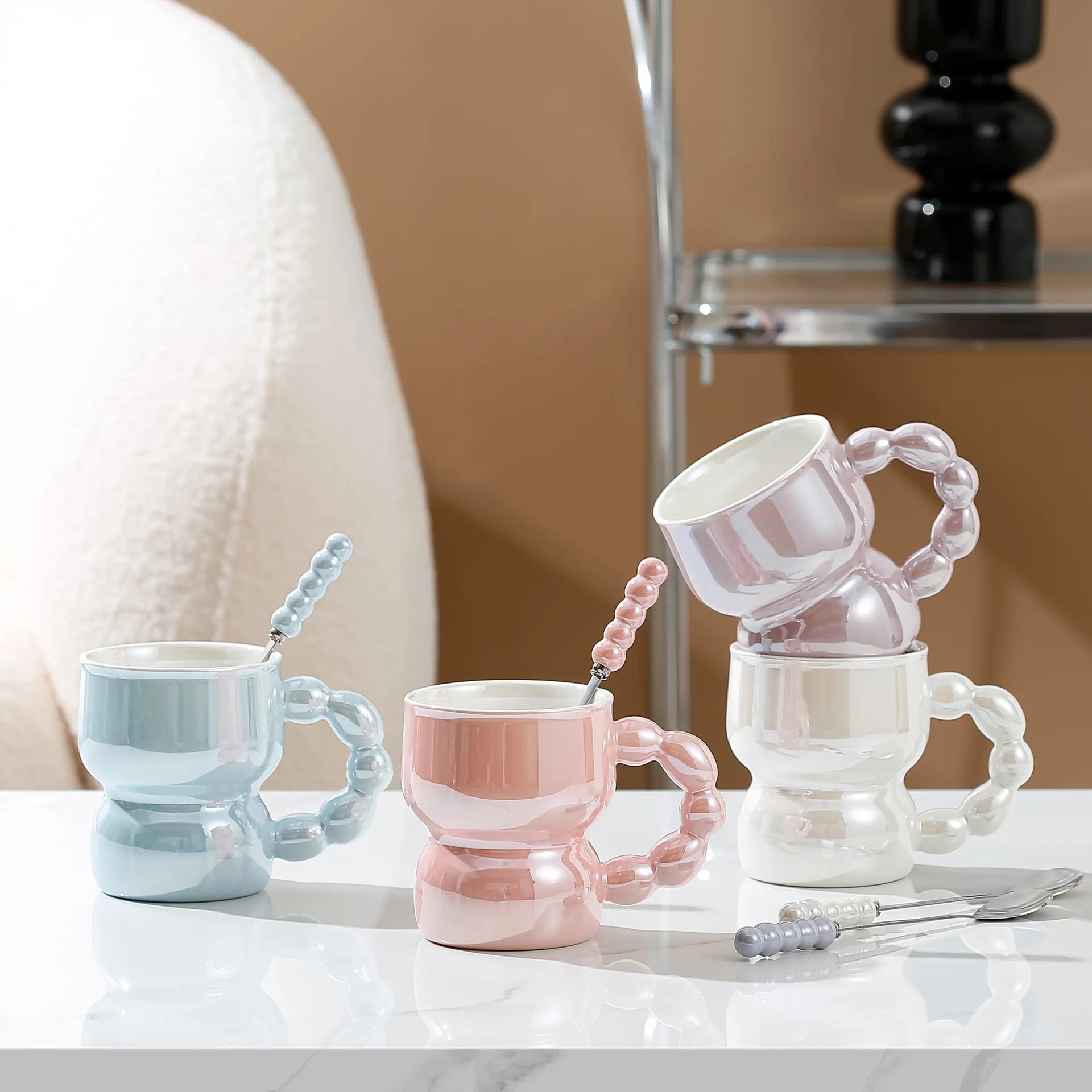 Nordic Style Pearl Glaze Mug Coffee Cup Ceramic Water Cup Unique Coffee Mugs With Handle Spoon