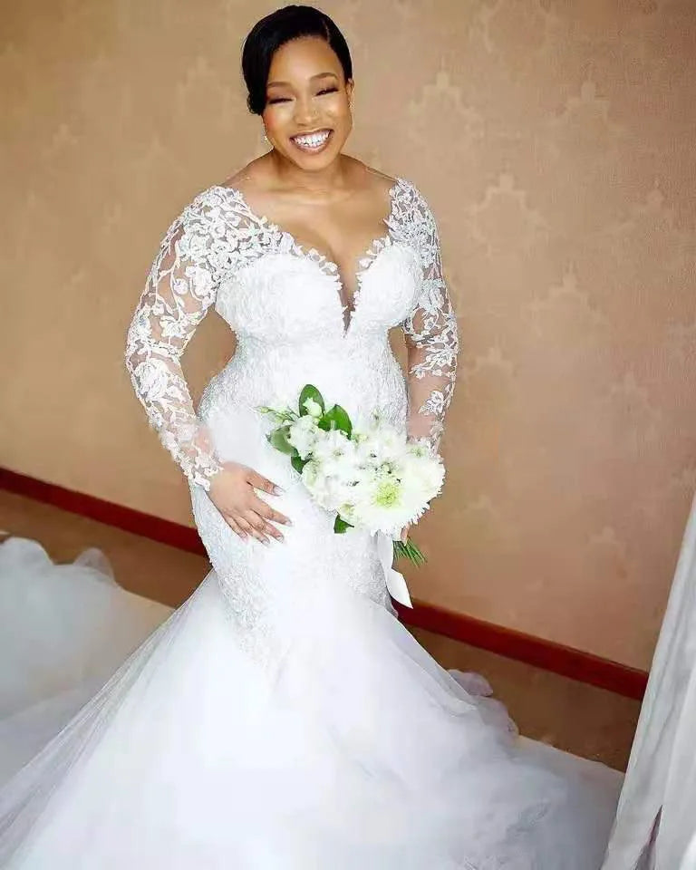 AL1421 Modest Luxury African Bride Wedding Dress 2025 Factory Wholesale Elegant Lace Long Sleeve Tail Plus Size Wedding