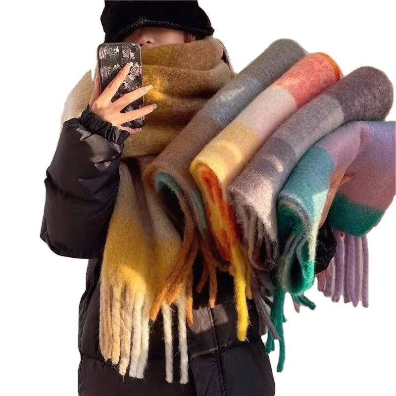 Women's Custom Winter Fluffy Oversized Plaid Scarf Fashion Fall Thick Stock Oblong Chunky Fringe Long Large Cape Tassel Acrylic