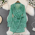 S-2XL Retro Style Fashion Long Sleeved Sequin V-neck Waist Bow Tie A-line Dress