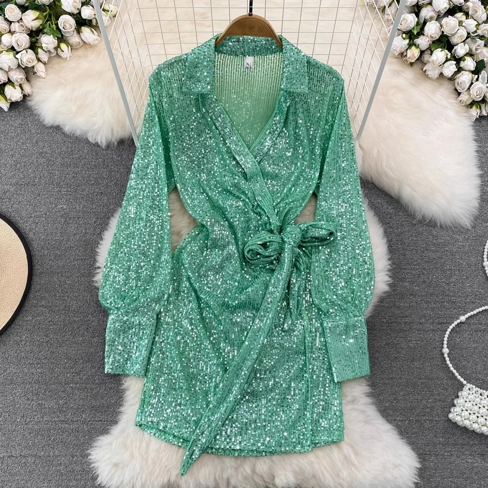 S-2XL Retro Style Fashion Long Sleeved Sequin V-neck Waist Bow Tie A-line Dress