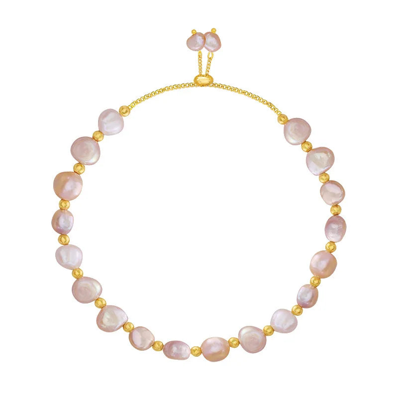 Stylish Women's Bracelet: Gold PVD Plated Stainless Steel Charm with Natural Drawstring Baroque Pearls ZS1