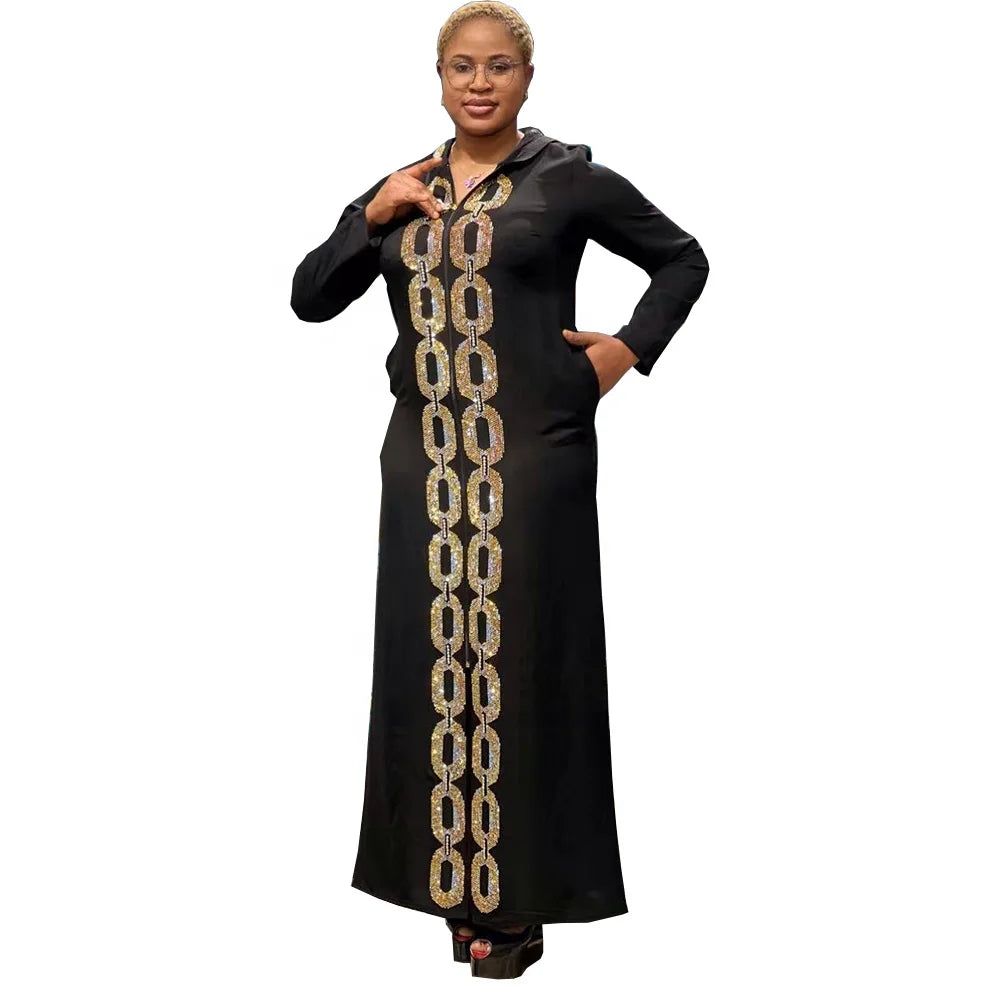 2024 Abaya Frauen Muslimisches Kleid Rhinestone Abaya Femmes Robe Musulmane Full-zip Hoodie Abaya Dress