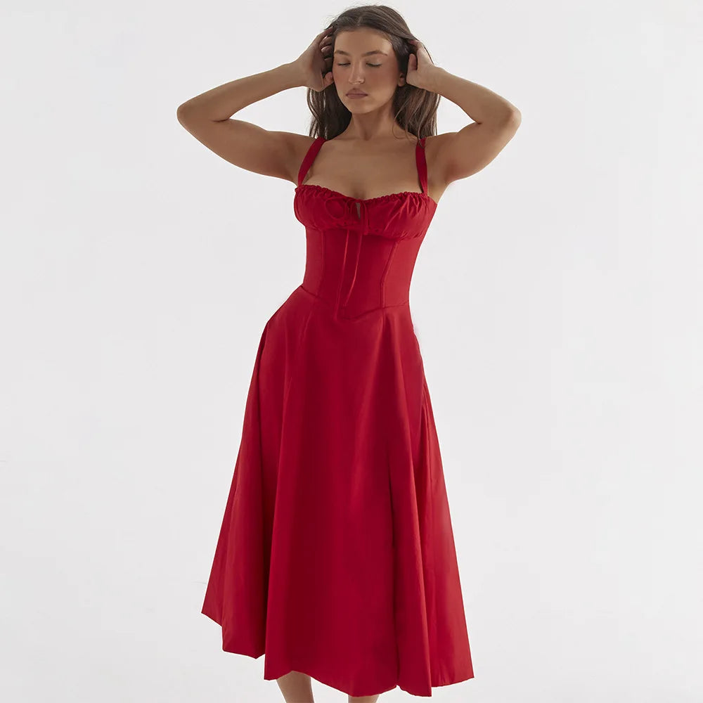Vacation Beach Floral Print Spaghetti Strap a Line Bustier Dresses Cowl Neck Crisscross High Slit Midi Sundress