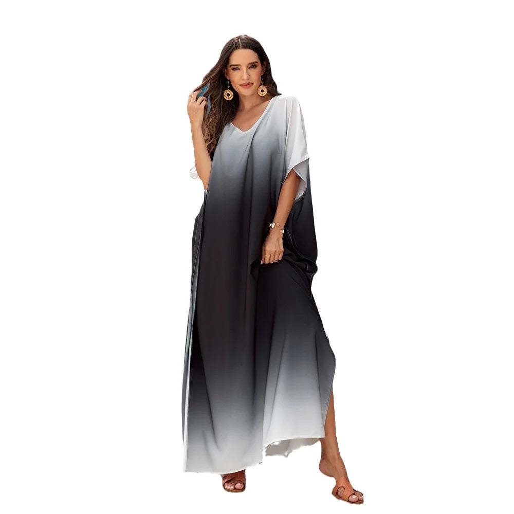 Factory Wholesale Breathable Gradient Fabric Long Closed Style Side Slit Moroco Dubai UAE Women Kaftan Dresses for Beach