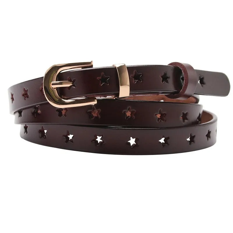 Pure Cowhide Ladies Belt All-match Hollow Five-pointed Star Decorative Women's Leather Cowhide Dress Belt
