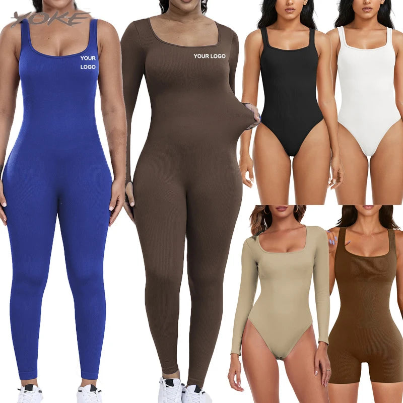 YOKE Customization Women's Yoga Ribbed One Piece Tank Tops Bodysuit Rompers Sleeveless Plus Size Exercise Jumpsuits