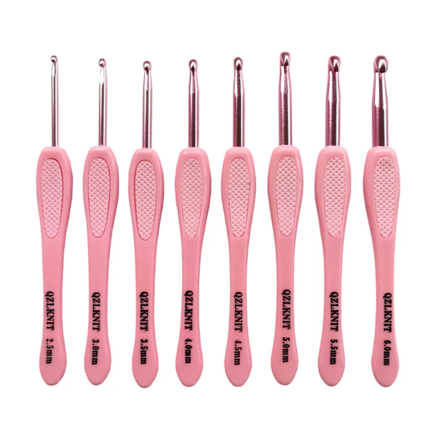 Charmkey Soft Handle rubber ABS pink handle crochet hooks 8pcs/set aluminum crochet hooks