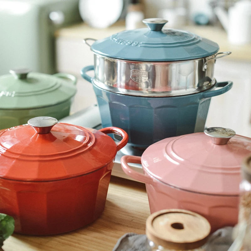 High Quality Candy Colored Cast Iron Casserole Pots Enamel Pot Set Double Ears Handle Cast Iron Lid 24cm Diameter Eco-Friendly