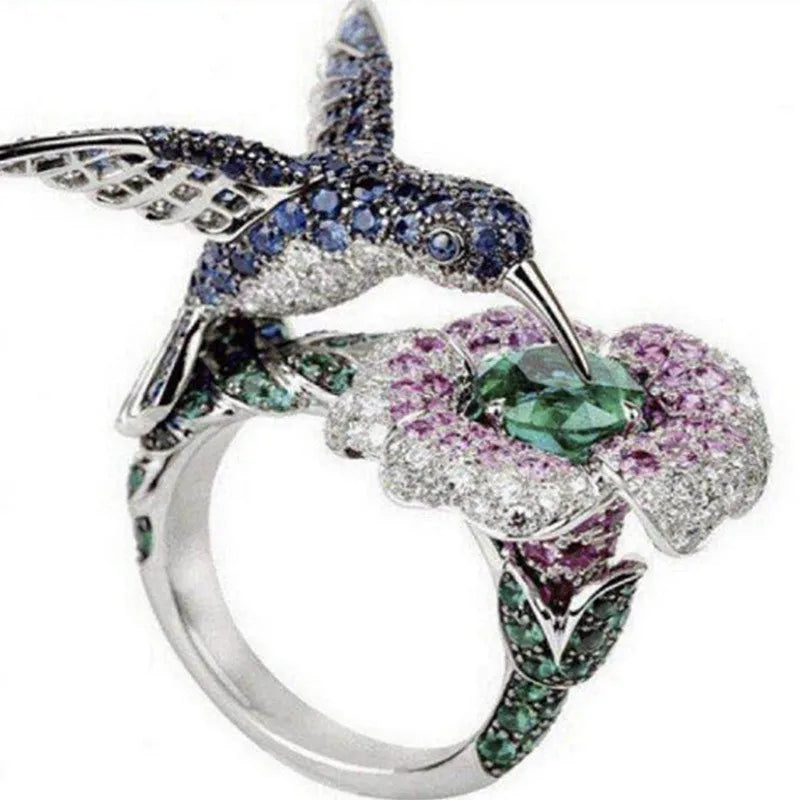 Luxury Female Crystal Rings Charm Silver Color Vintage Flower Bird Engagement Rings for Women