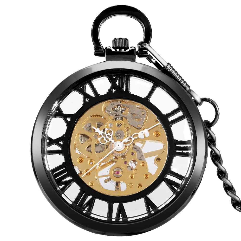 Transparent Open Face Hand Wind Steampunk Clock Vintage Men Mechanical Pocket Watch With Chain